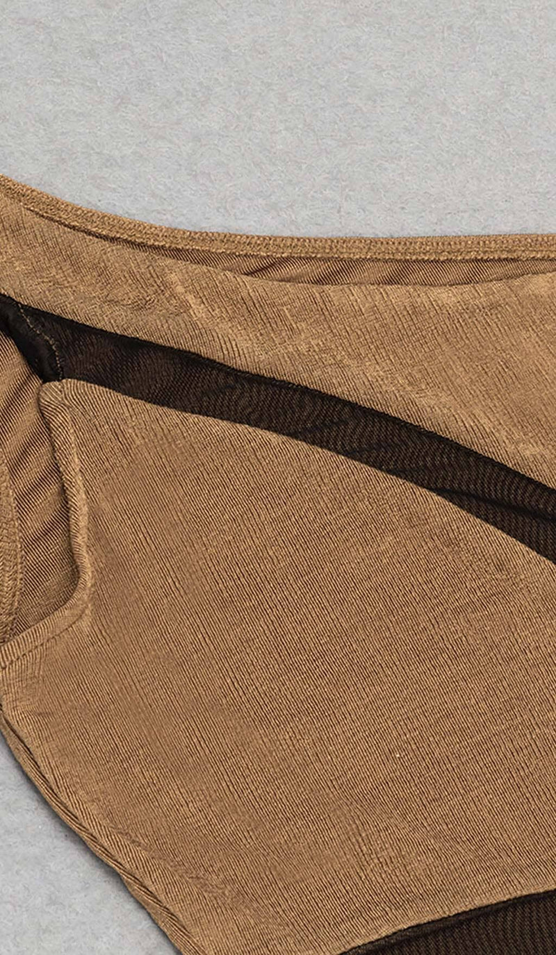 ASYMMETRICAL PATTERN MESH JUMPSUIT IN BROWN DRESS STYLE OF CB 