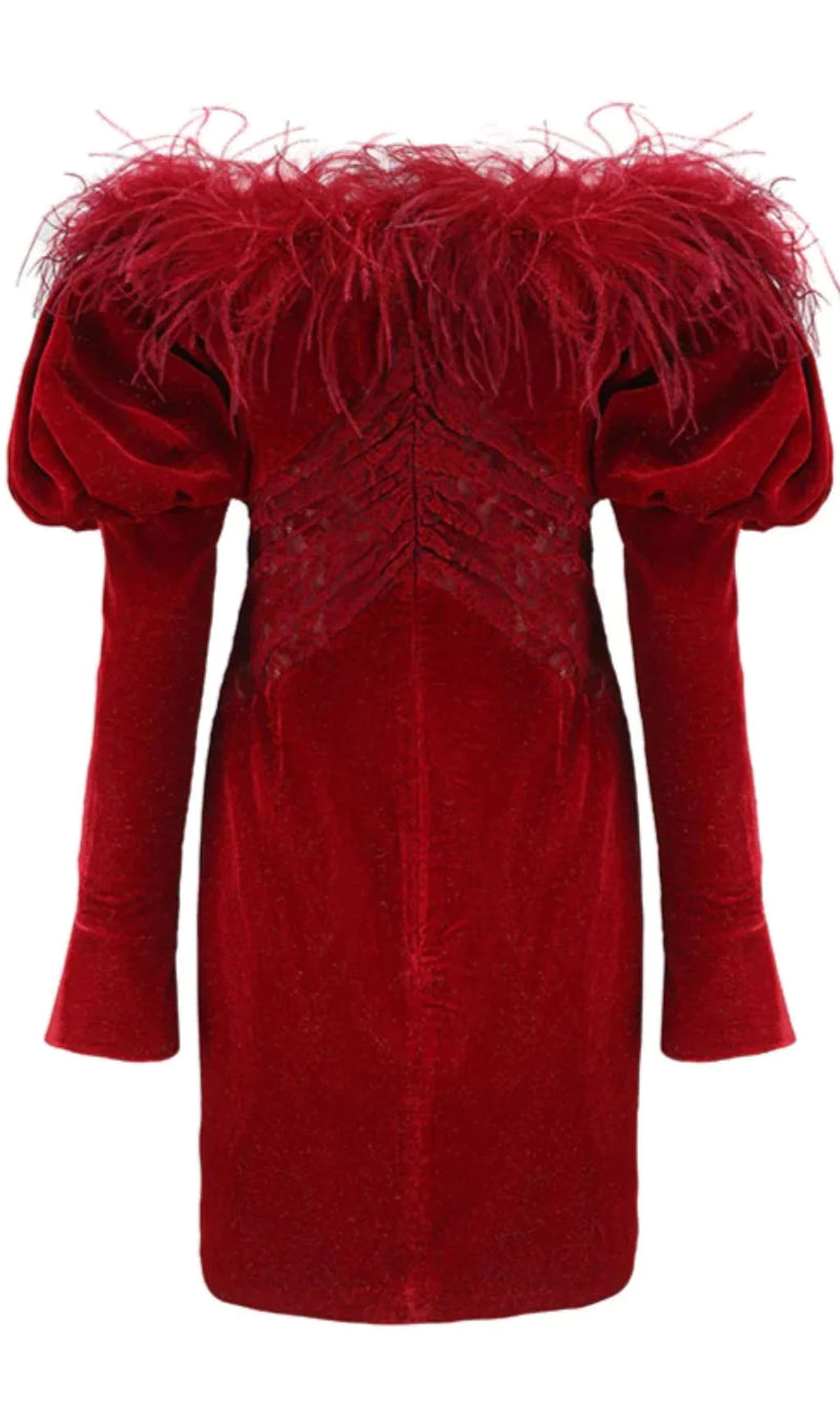 OFF SHOULDER OSTRICH FUR DECORATIVE SLIM-FIT MINI DRESS IN RED styleofcb 