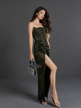 STRAPLESS SATIN SPLIT MAXI DRESS Dresses styleofcb 