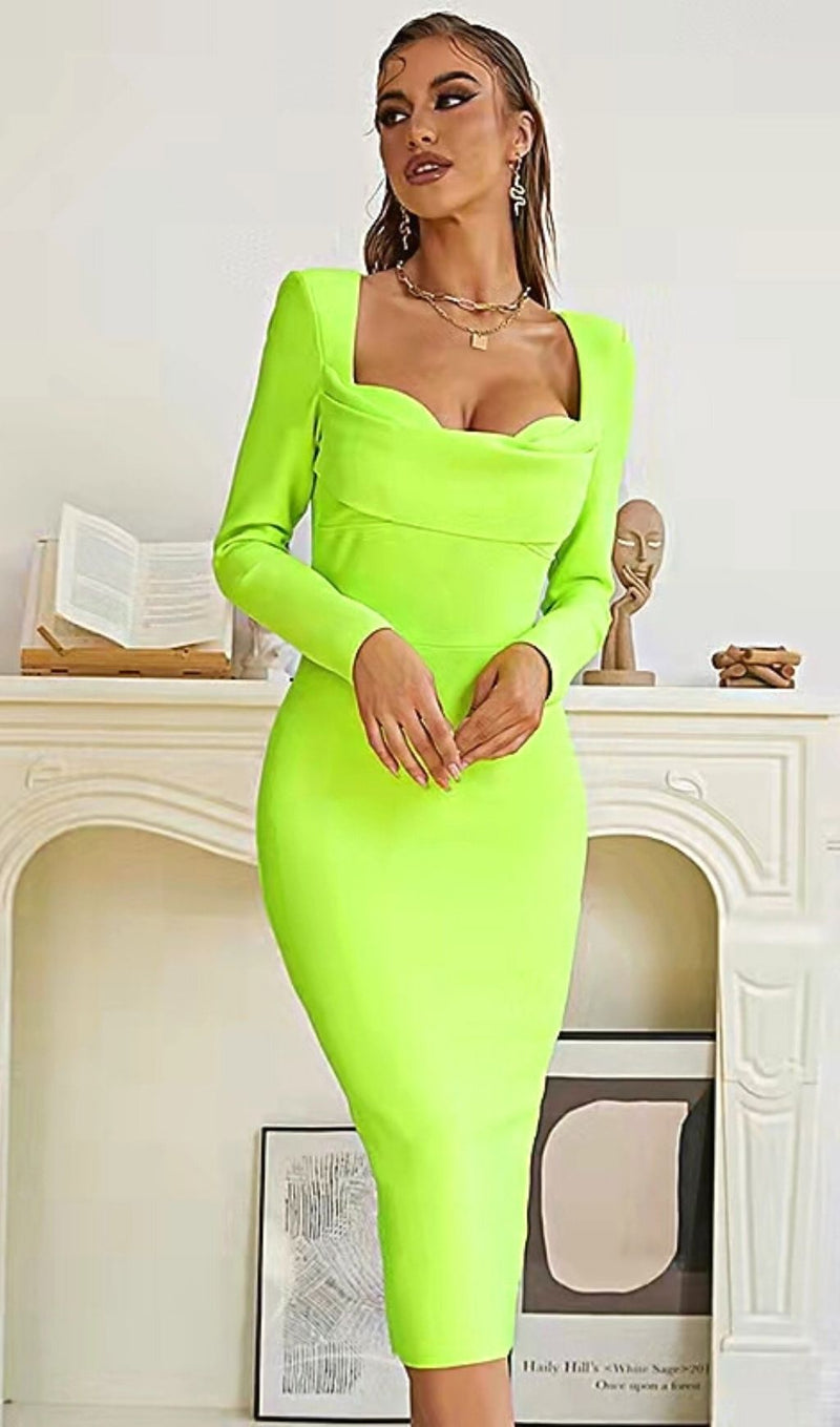BANDAGE LONG SLEEVE MIDI DRESS IN FLUORESCENT GREEN Dresses styleofcb 