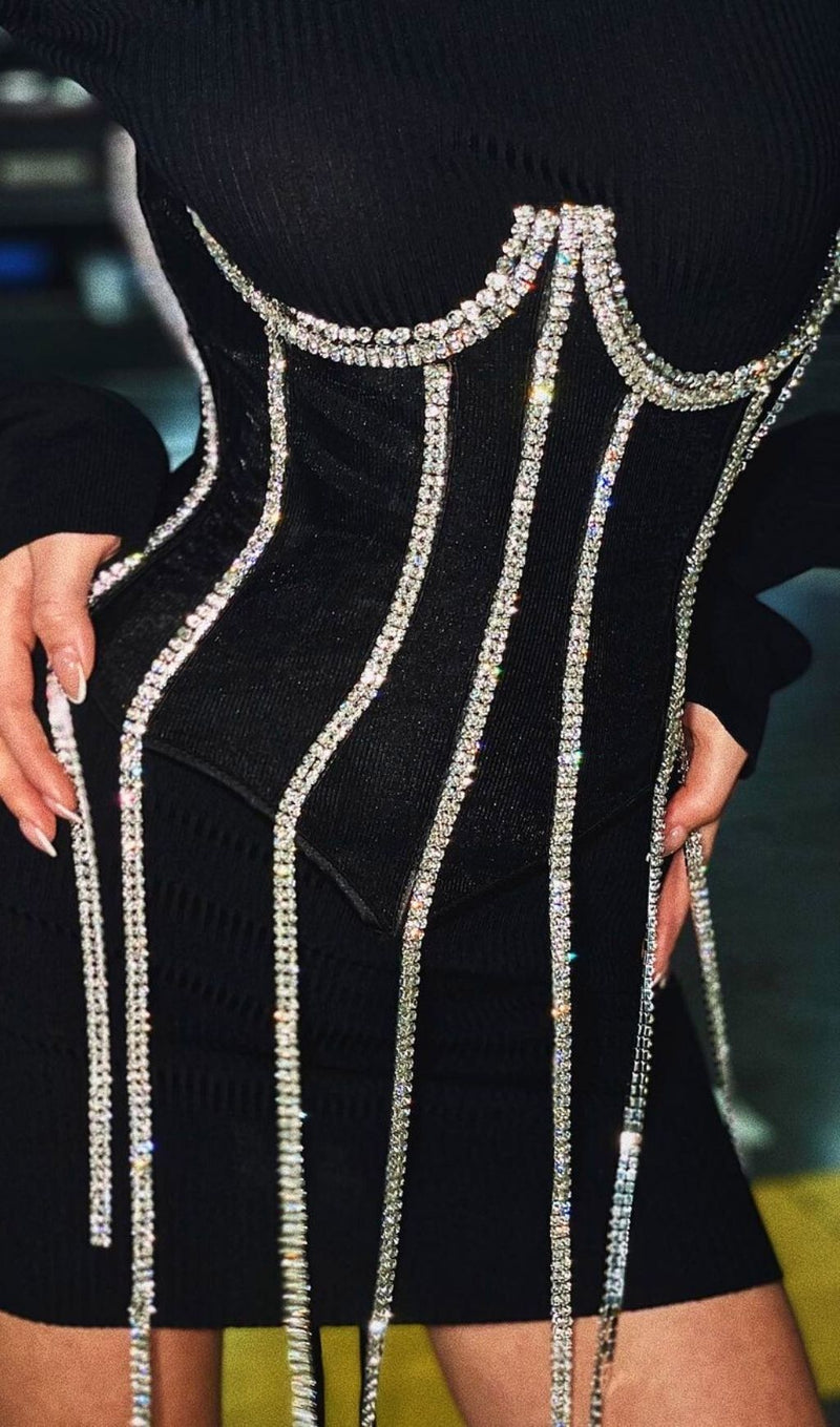 BLACK CRYSTAL TASSELS CORSET Shirts & Tops styleofcb 