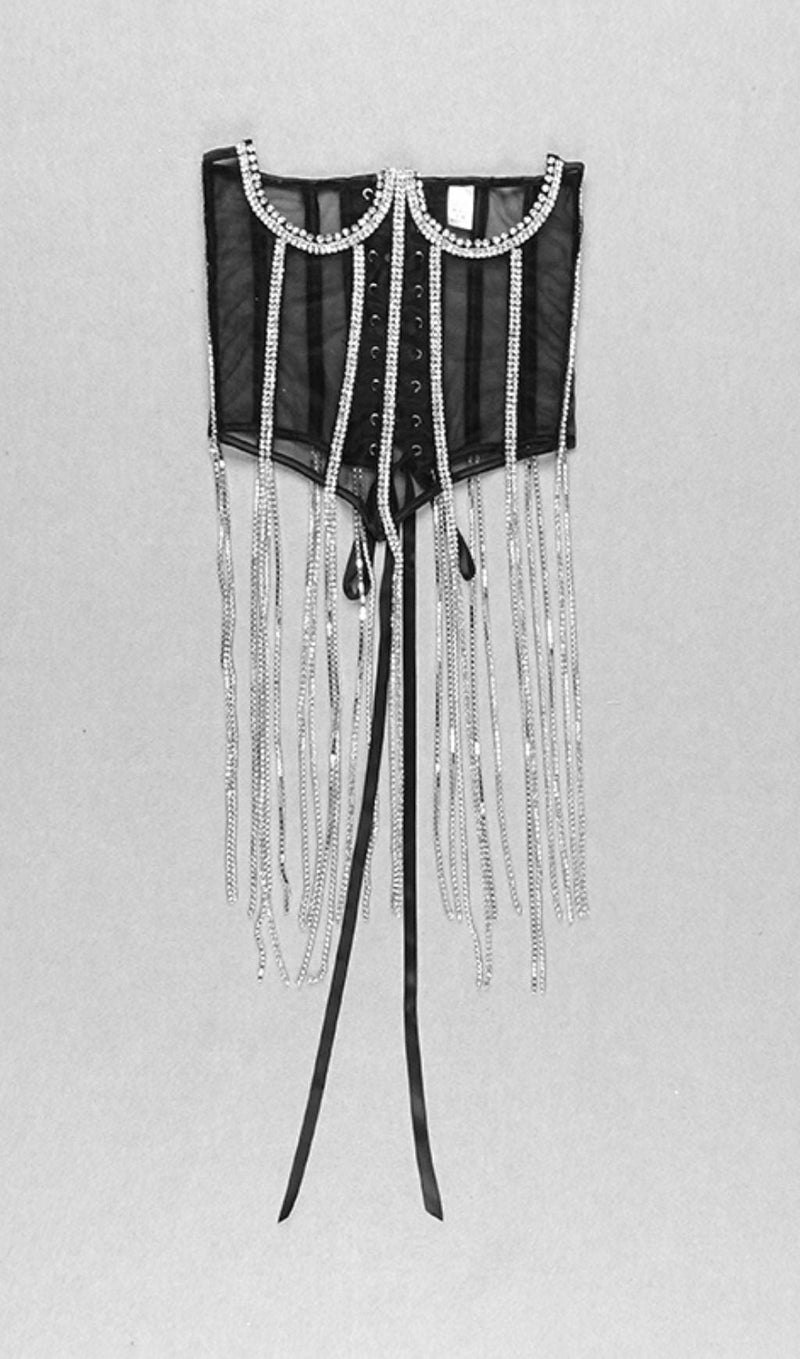 BLACK CRYSTAL TASSELS CORSET Shirts & Tops styleofcb 