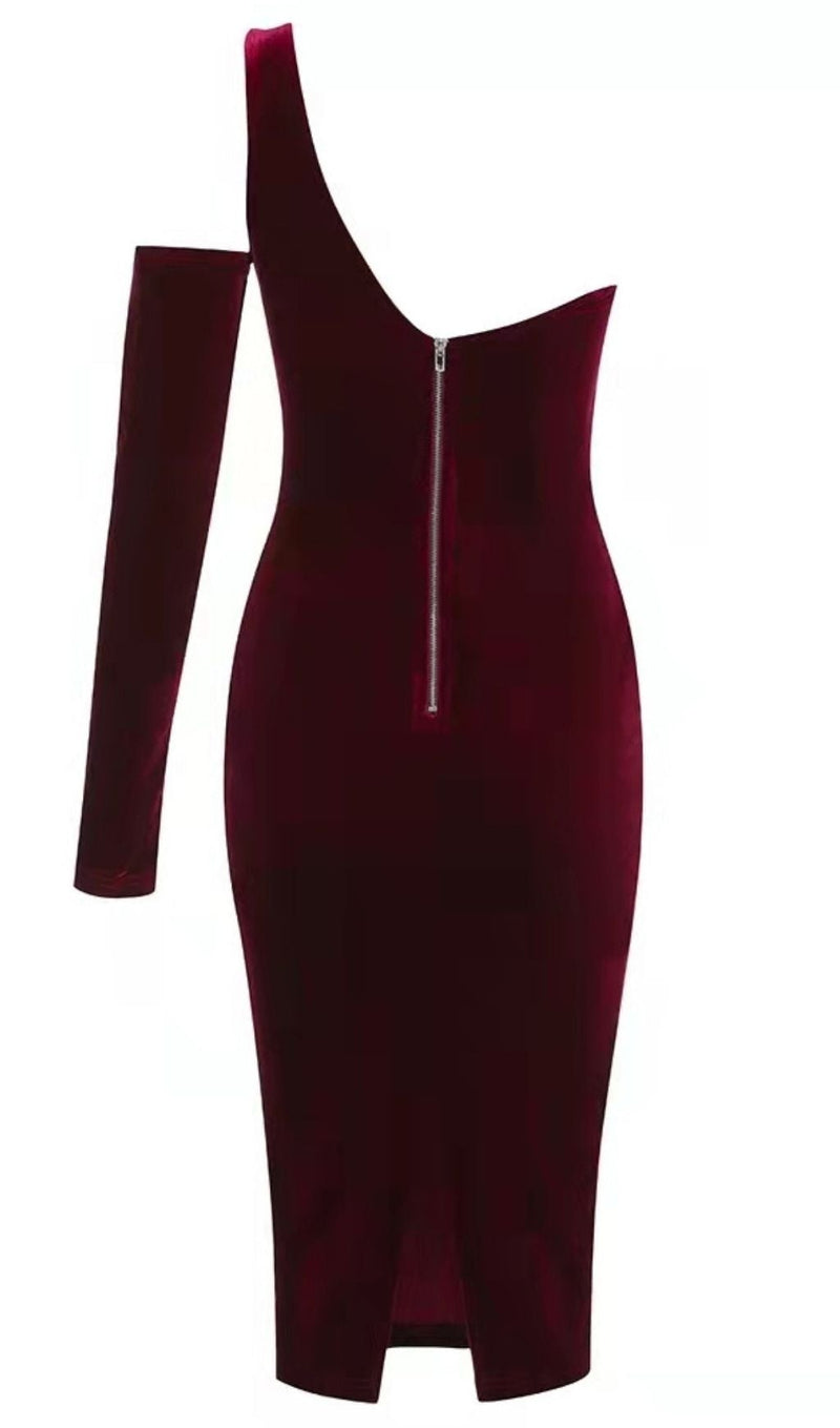 BLACK ONE SHOULDER VELVET MIDI DRESS styleofcb 