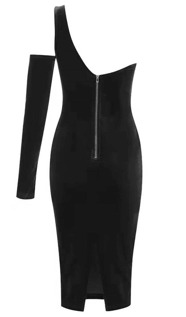 BLACK ONE SHOULDER VELVET MIDI DRESS styleofcb 