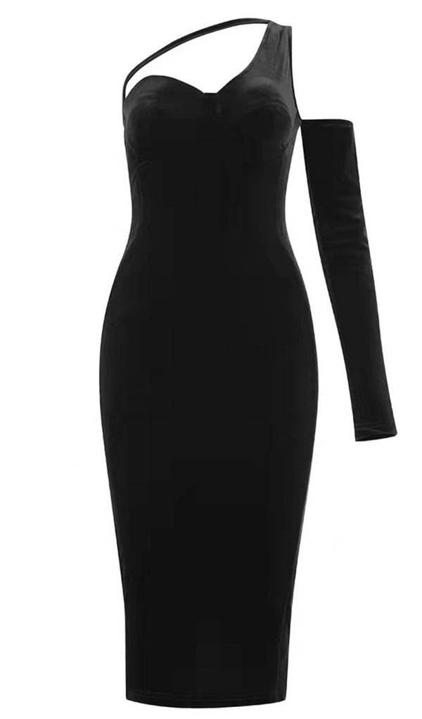 BLACK ONE SHOULDER VELVET MIDI DRESS styleofcb 