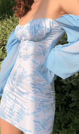 BLUE FLARED SLEEVE PRINT MINI DRESS