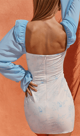 BLUE FLARED SLEEVE PRINT MINI DRESS