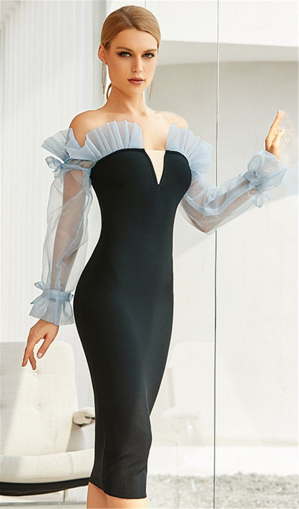 BLUE MESH PANELLED BANDAGE DRESS