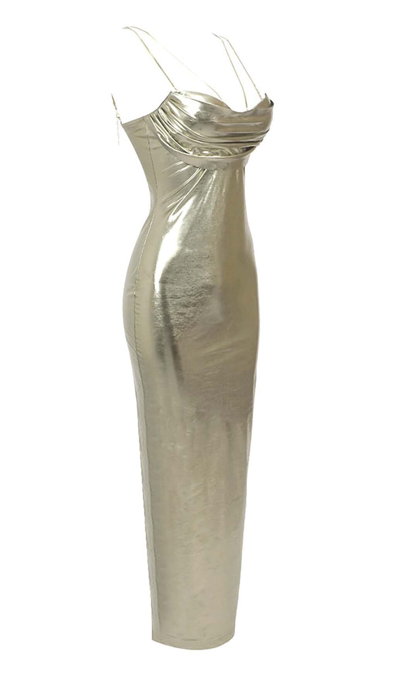 BODYCON FAUX LEATHER MIDI DRESS IN GOLD METALLIC DRESS STYLE OF CB 