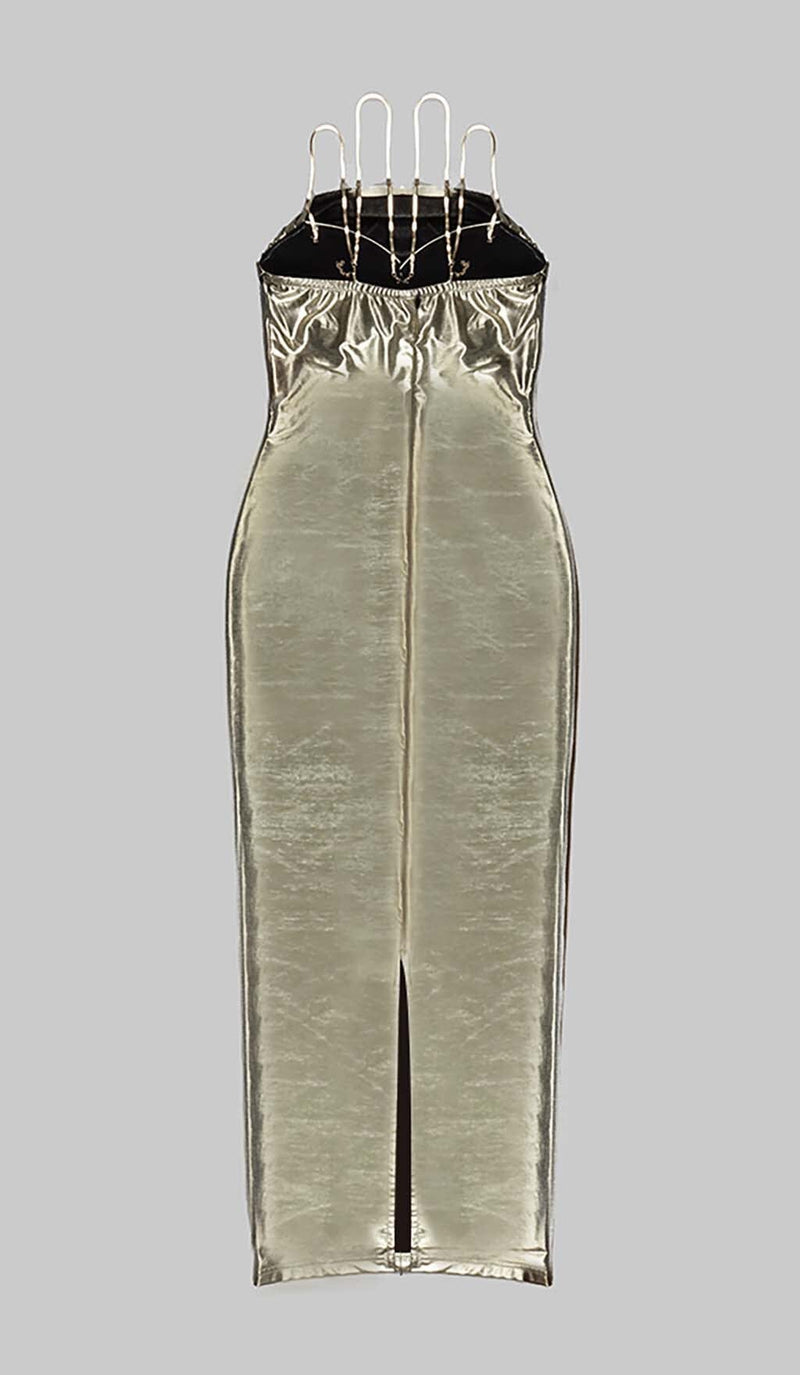 BODYCON FAUX LEATHER MIDI DRESS IN GOLD METALLIC DRESS STYLE OF CB 