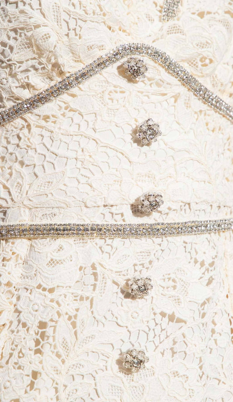 BOW-EMBELLISHED FLORAL-LACE MIDI DRESS IN BEIGE DRESS STYLE OF CB 