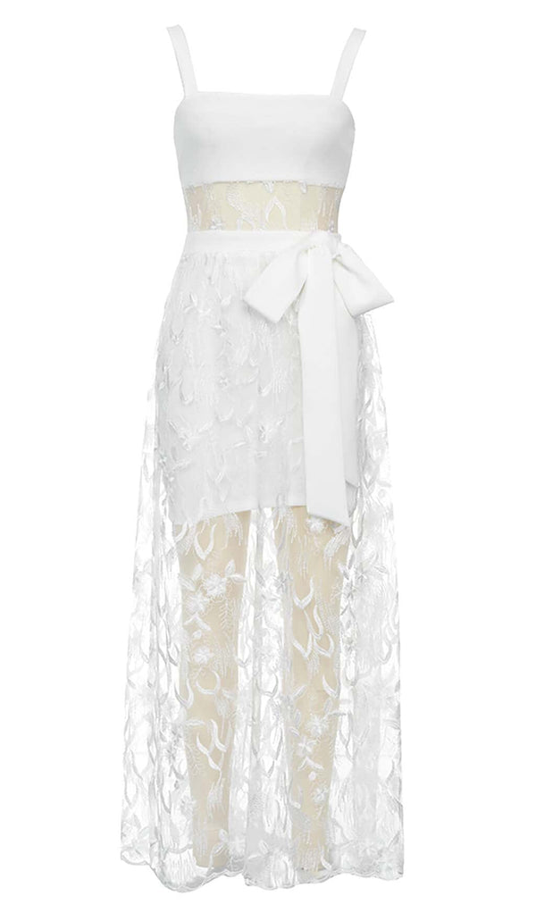 BOW-EMBELLISHED LACE MIDI DRESS IN WHITE DRESS STYLE OF CB 