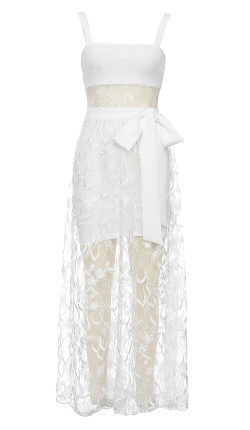BOW-EMBELLISHED LACE MIDI DRESS IN WHITE DRESS STYLE OF CB 