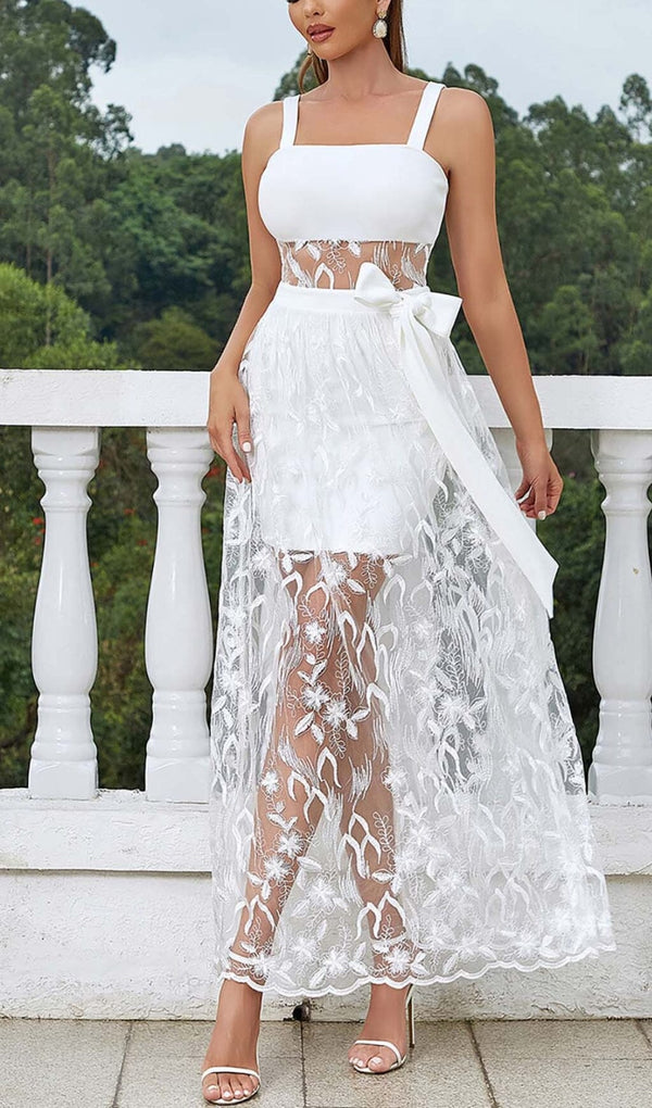 BOW-EMBELLISHED LACE MIDI DRESS IN WHITE DRESS STYLE OF CB 