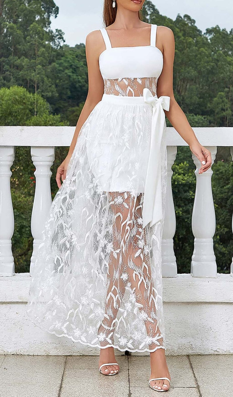 BOW-EMBELLISHED LACE MIDI DRESS IN WHITE DRESS STYLE OF CB 