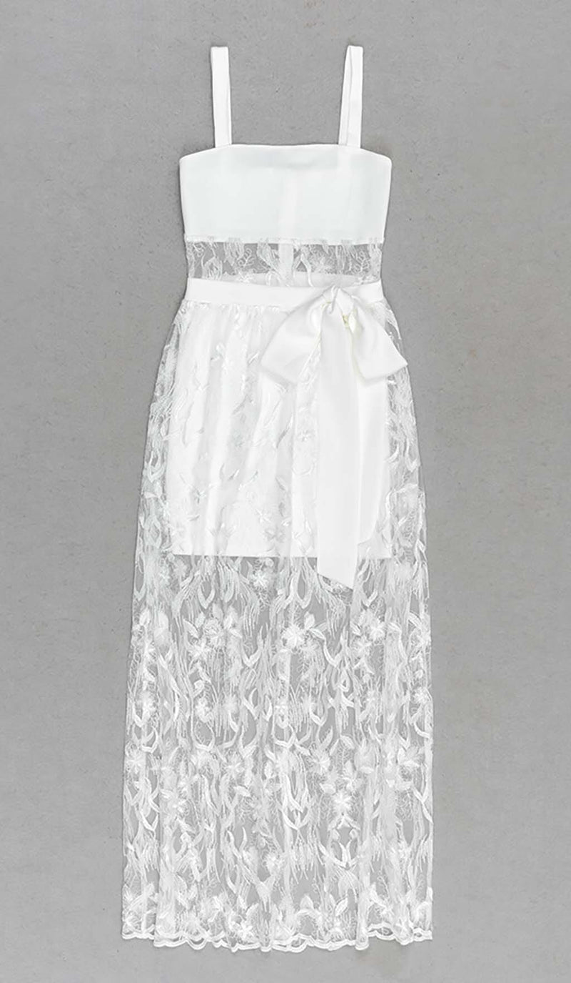 BOW-EMBELLISHED LACE MIDI DRESS IN WHITE DRESS STYLE OF CB 