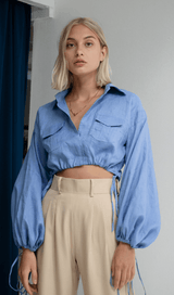 BRAWSTRING WAIST SHORT SHIRT IN BLUE styleofcb BLUE S 