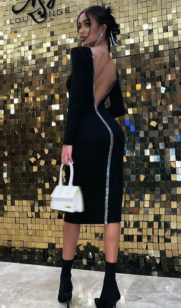LONG SLEEVE CRYSTAL BANDAGE MIDI DRESS IN BLACK LEATHERETTE PIECES styleofcb 