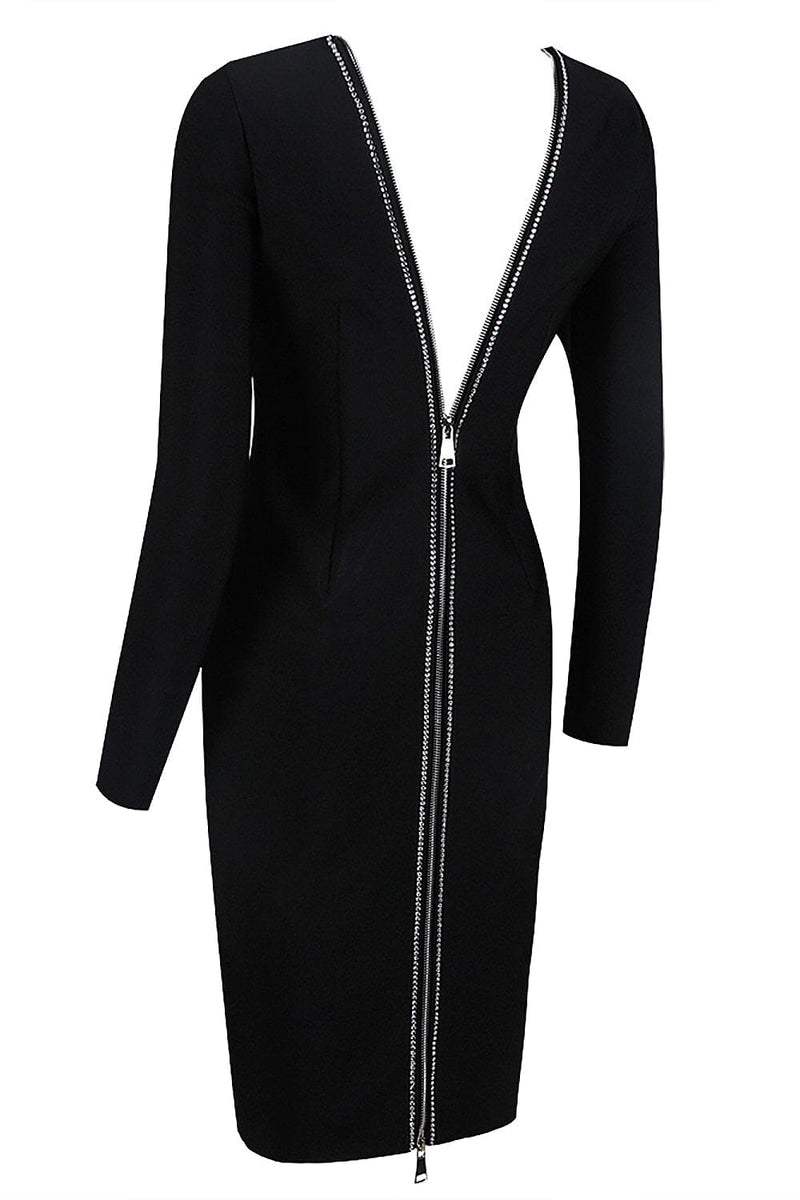 LONG SLEEVE CRYSTAL BANDAGE MIDI DRESS IN BLACK LEATHERETTE PIECES styleofcb 