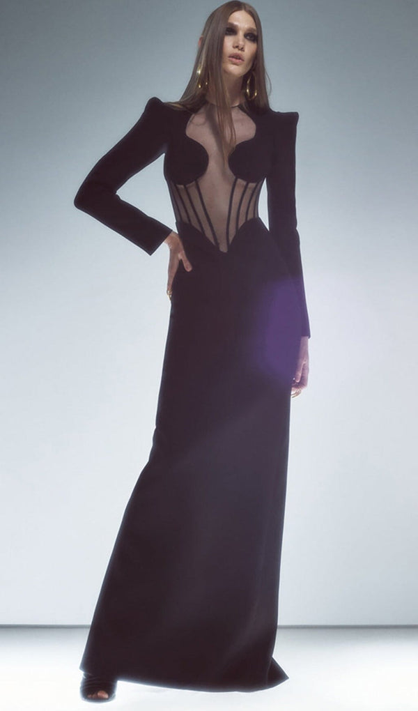 BLACK MESH CORSET DETAIL BANDAGE LONG DRESS MAXI BANDAGE DRESSES & GOWNS styleofcb 