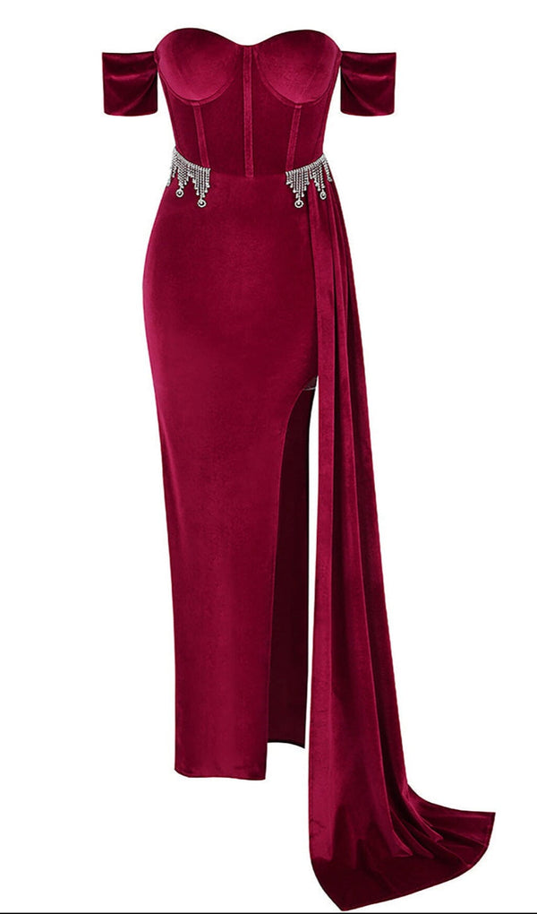 BURGUNDY VELVET OFF SHOULDER SIDE TAIL SLIT MAXI DRESS styleofcb 