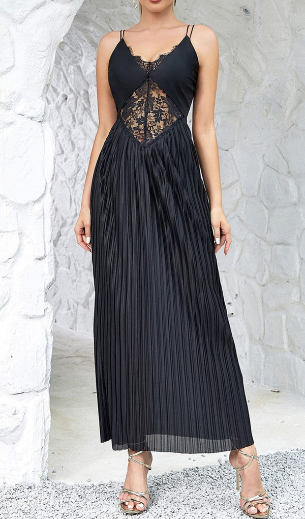 CONTRAST LACE PLEATED HEM CAMI DRESS IN BLACK DRESS sis label 