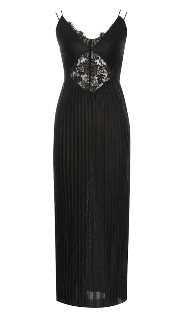 CONTRAST LACE PLEATED HEM CAMI DRESS IN BLACK DRESS sis label 