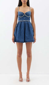CRYSTAL-EMBELLISHED DENIM MINI DRESS IN BLUE DRESS STYLE OF CB 