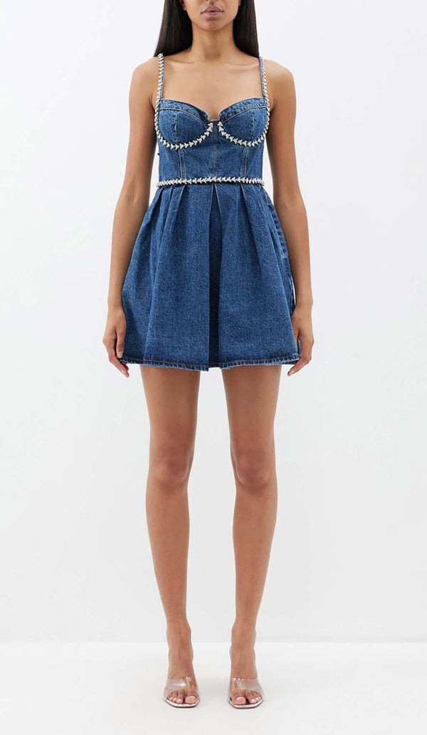 CRYSTAL-EMBELLISHED DENIM MINI DRESS IN BLUE DRESS STYLE OF CB 