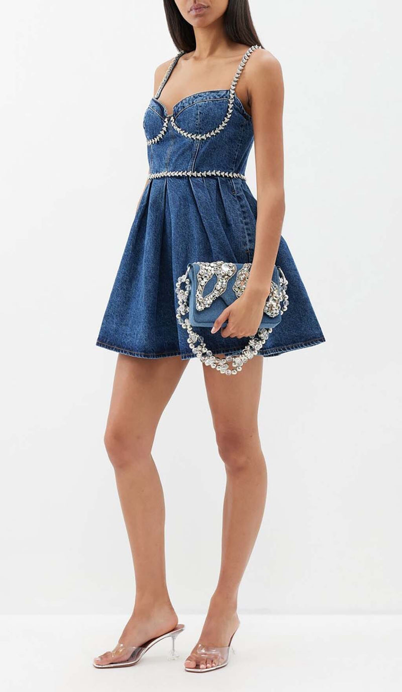 CRYSTAL-EMBELLISHED DENIM MINI DRESS IN BLUE DRESS STYLE OF CB 