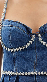 CRYSTAL-EMBELLISHED DENIM MINI DRESS IN BLUE DRESS STYLE OF CB 