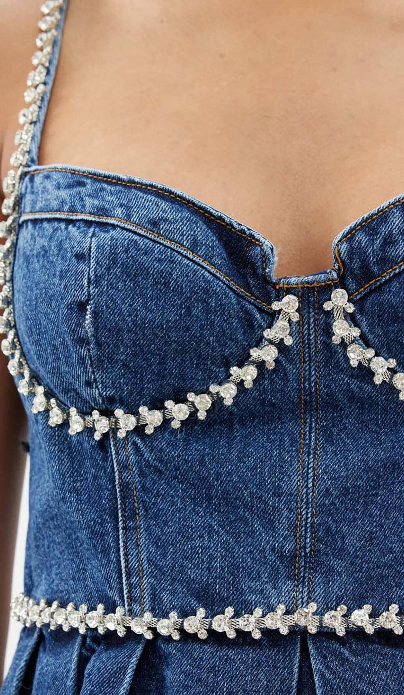 CRYSTAL-EMBELLISHED DENIM MINI DRESS IN BLUE DRESS STYLE OF CB 