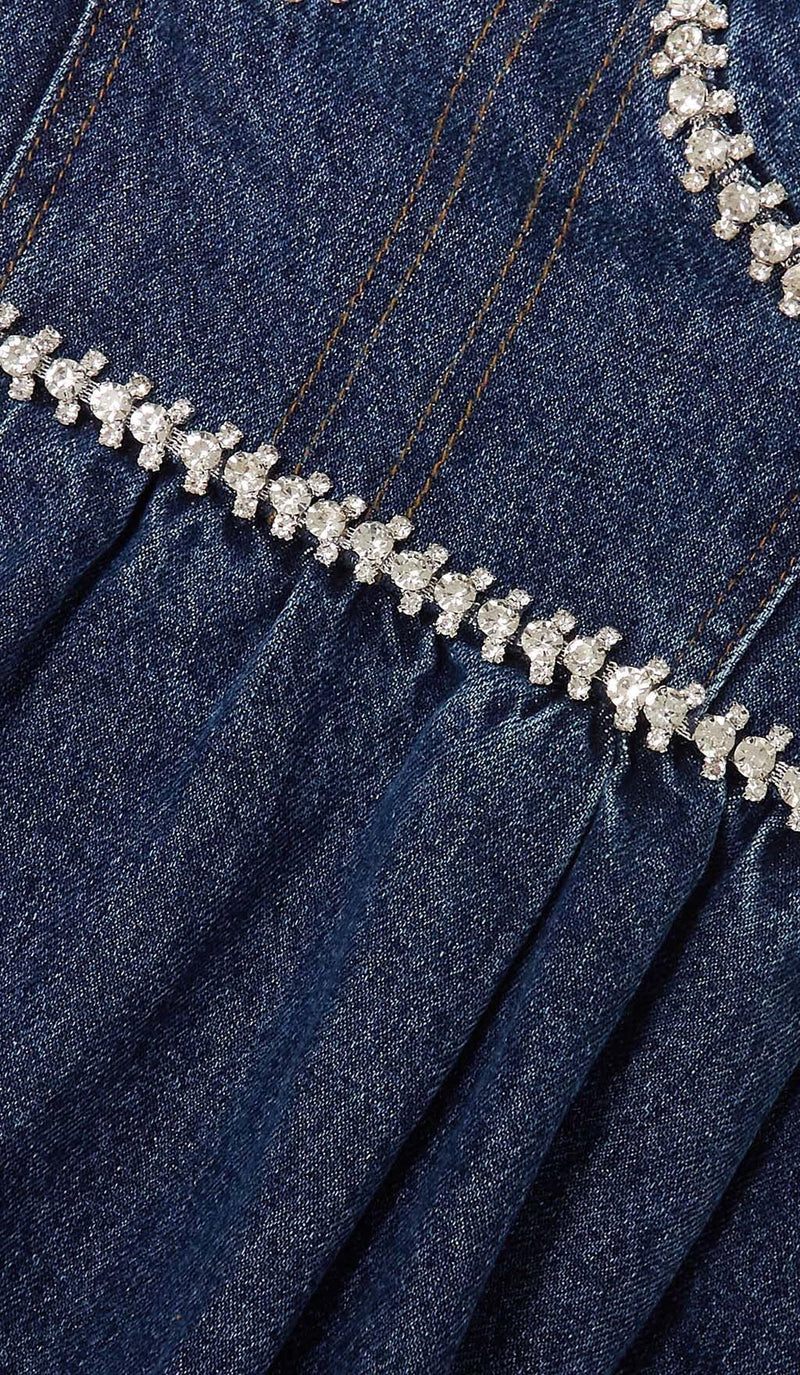 CRYSTAL-EMBELLISHED DENIM MINI DRESS IN BLUE DRESS STYLE OF CB 