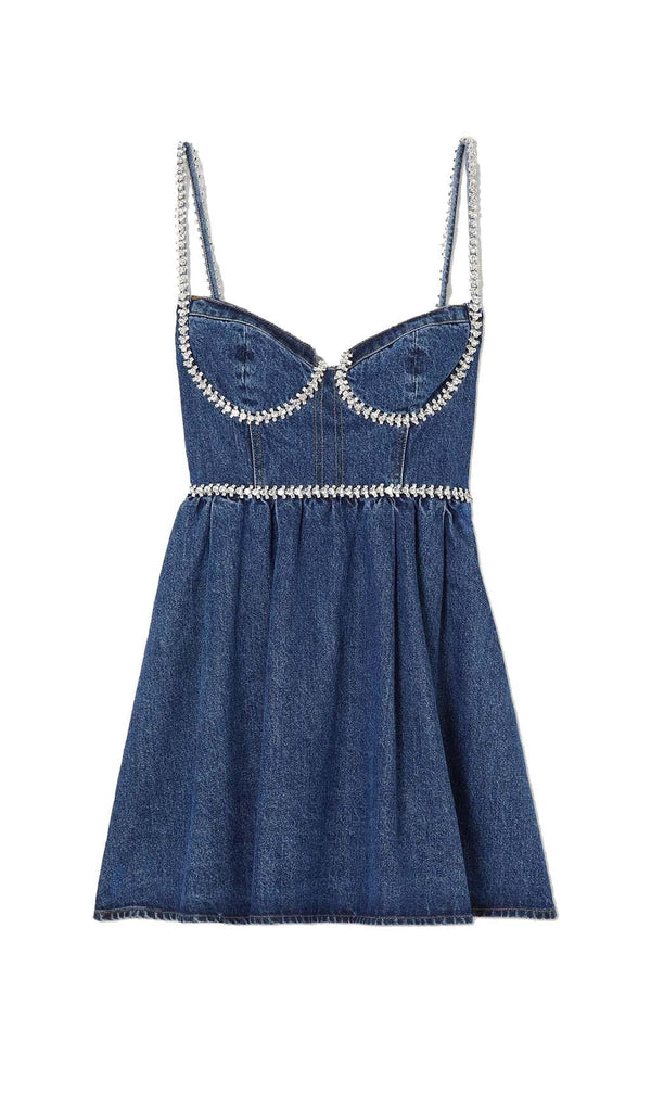 CRYSTAL-EMBELLISHED DENIM MINI DRESS IN BLUE DRESS STYLE OF CB 