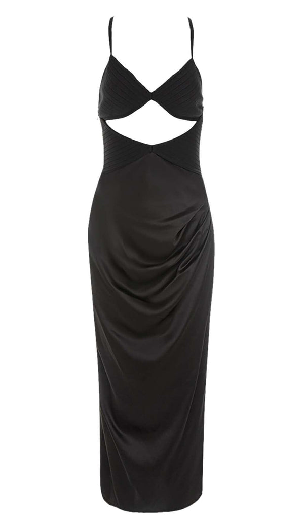 CUT OUT FRONT SATIN CAMI MIDI DRESS IN BLACK DRESS STYLE OF CB 
