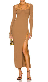 CUT OUT SLIPT MAXI DRESS IN BROWN Dresses styleofcb 
