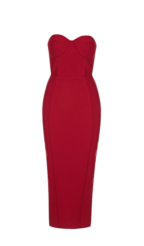 CUT OUT SPLIT STRAPLESS BANDAGE MIDI DRESS IN RED Dresses styleofcb 