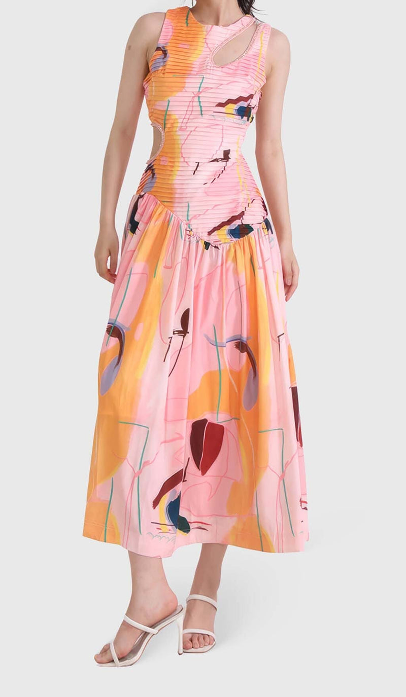 CUT OUTS ROUND NECK MIDI DRESS IN MULTICOLOR DRESS STYLE OF CB 