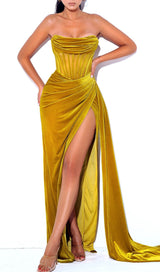 Priya Gold Draping Corset High Slit Velvet Gown Dresses Oh CiCi 