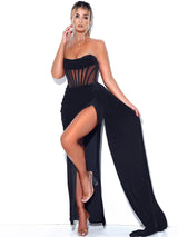 Priya Black Draping Corset High Slit Velvet Gown Dresses Oh CiCi 