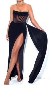 Priya Black Draping Corset High Slit Velvet Gown Dresses Oh CiCi 