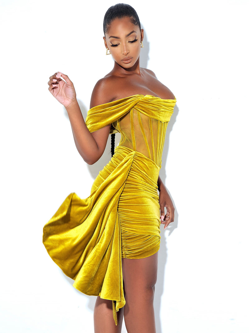 Irisa Gold Draping Off Shoulder Corset Dress Dresses Oh CiCi 