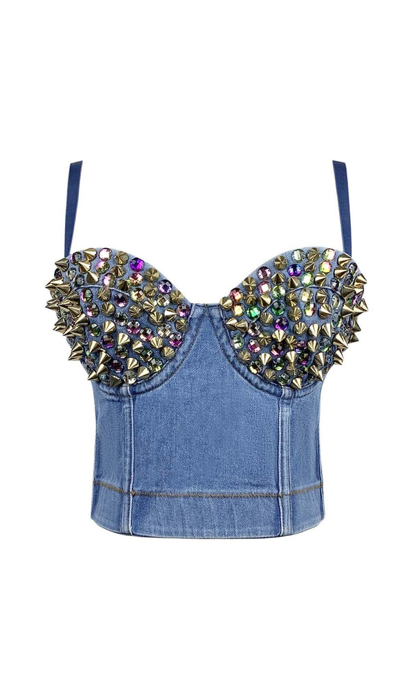DENIM CRYSTAL CROPPED TOP IN BLUE DRESS STYLE OF CB S GOLD 