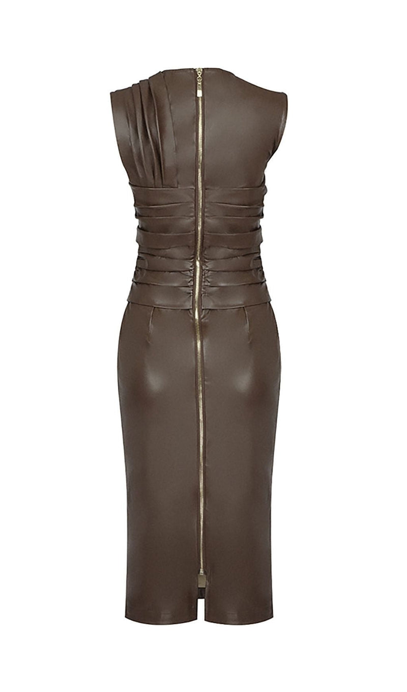 DRAPED LEATHER PU MIDI DRESS IN BEIGE Dresses styleofcb 