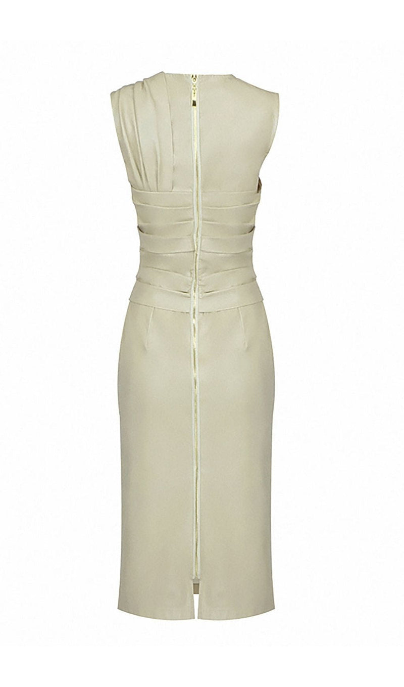 DRAPED LEATHER PU MIDI DRESS IN BEIGE Dresses styleofcb 