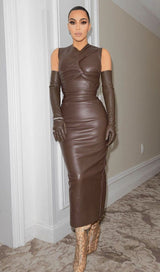DRAPED LEATHER PU MIDI DRESS IN BEIGE Dresses styleofcb 