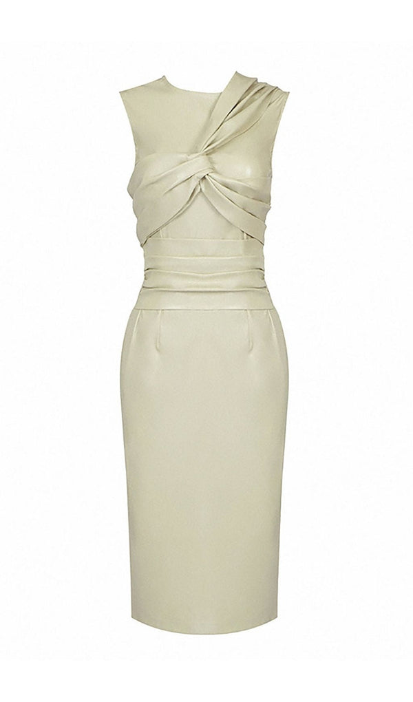 DRAPED LEATHER PU MIDI DRESS IN BEIGE Dresses styleofcb XS BEIGE 