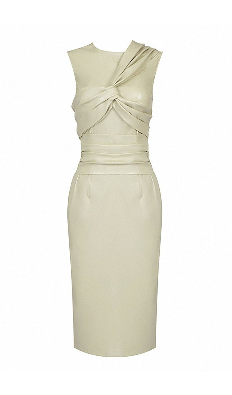 DRAPED LEATHER PU MIDI DRESS IN BROWN Dresses styleofcb XS BEIGE 