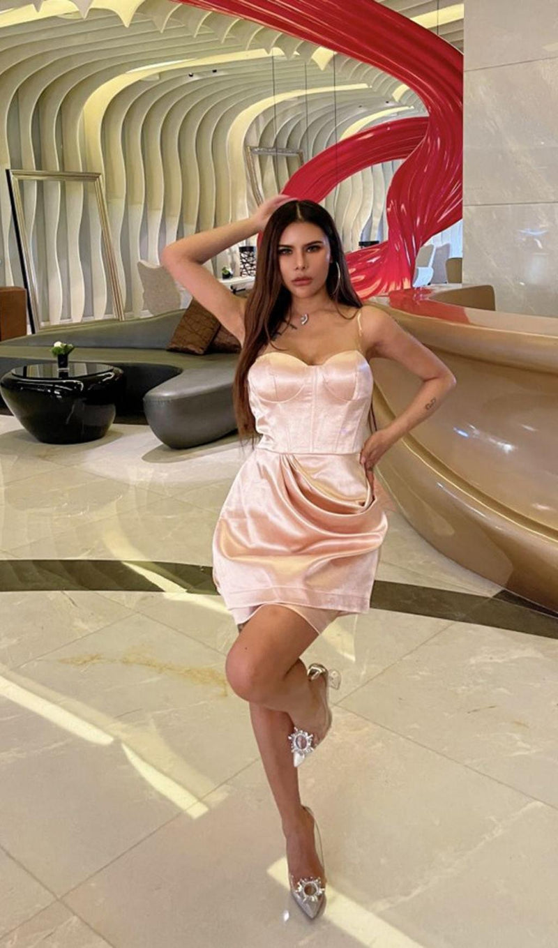 DRAPED STRAPLESS MINI DRESS IN PALE PINK Dresses styleofcb 