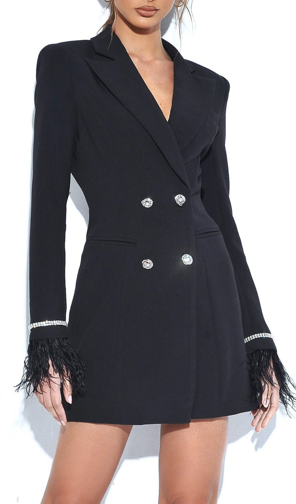Quilla Black Feather Crystal Sleeve Backless Blazer Dress Dresses Oh CiCi 
